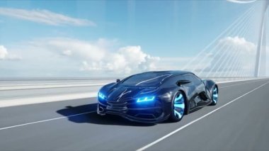 Köprüde siyah fütüristik araba 3d modeli. Çok hızlı sürüş. Gelecek kavramı. Gerçekçi 4k animasyon.