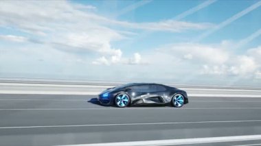 Köprüde siyah fütüristik araba 3d modeli. Çok hızlı sürüş. Gelecek kavramı. Gerçekçi 4k animasyon.