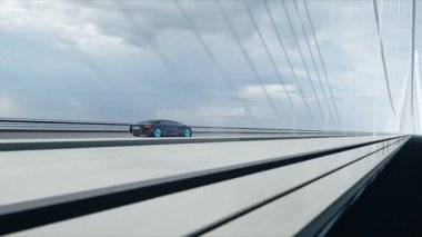 Köprüde siyah fütüristik araba 3d modeli. Çok hızlı sürüş. Gelecek kavramı. Gerçekçi 4k animasyon.