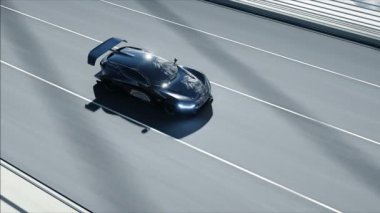 Köprüde siyah fütüristik araba 3d modeli. Çok hızlı sürüş. Gelecek kavramı. Gerçekçi 4k animasyon.