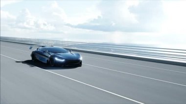 Köprüde siyah fütüristik araba 3d modeli. Çok hızlı sürüş. Gelecek kavramı. Gerçekçi 4k animasyon.