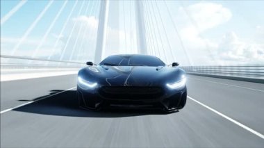 Köprüde siyah fütüristik araba 3d modeli. Çok hızlı sürüş. Gelecek kavramı. Gerçekçi 4k animasyon.