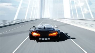 Köprüde siyah fütüristik araba 3d modeli. Çok hızlı sürüş. Gelecek kavramı. Gerçekçi 4k animasyon.