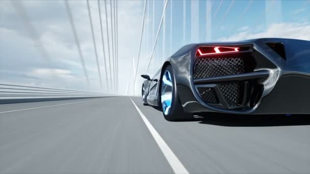 3D modell fekete futurisztikus autó a hídon. Nagyon gyors vezetés. A jövő fogalma. Reális 4k animáció.