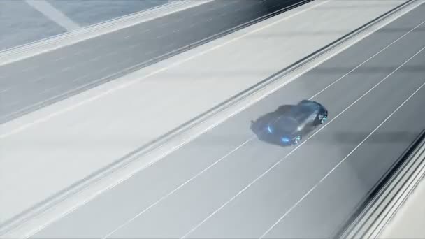 3D模型的黑色未来派汽车在桥上。驾驶速度非常快。未来概念。逼真的 4k 动画. — 图库视频影像