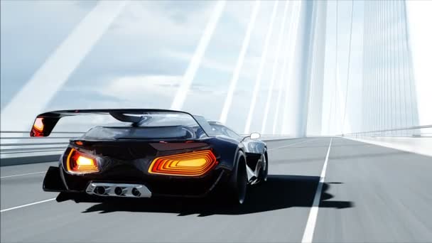 Modelo 3d de coche futurista negro en el puente. Conduce muy rápido. Concepto de futuro. Animación realista 4k . — Vídeos de Stock