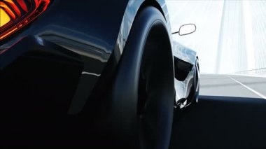 Köprüde siyah fütüristik araba 3d modeli. Çok hızlı sürüş. Gelecek kavramı. Gerçekçi 4k animasyon.