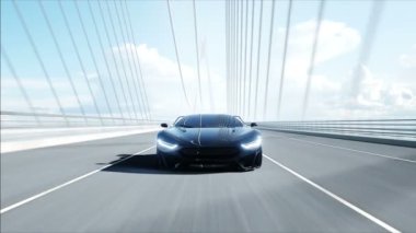Köprüde siyah fütüristik araba 3d modeli. Çok hızlı sürüş. Gelecek kavramı. Gerçekçi 4k animasyon.
