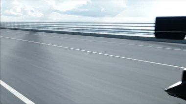 Köprüde siyah fütüristik araba 3d modeli. Çok hızlı sürüş. Gelecek kavramı. Gerçekçi 4k animasyon.