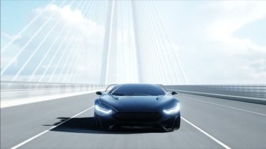 Köprüde siyah fütüristik araba 3d modeli. Çok hızlı sürüş. Gelecek kavramı. Gerçekçi 4k animasyon.