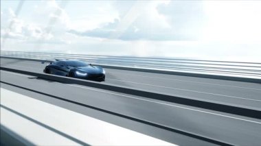 Köprüde siyah fütüristik araba 3d modeli. Çok hızlı sürüş. Gelecek kavramı. Gerçekçi 4k animasyon.
