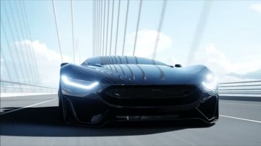 Köprüde siyah fütüristik araba 3d modeli. Çok hızlı sürüş. Gelecek kavramı. Gerçekçi 4k animasyon.
