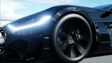 Köprüde siyah fütüristik araba 3d modeli. Çok hızlı sürüş. Gelecek kavramı. Gerçekçi 4k animasyon.
