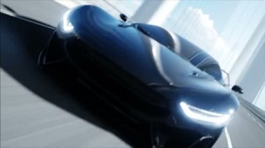 Köprüde siyah fütüristik araba 3d modeli. Çok hızlı sürüş. Gelecek kavramı. Gerçekçi 4k animasyon.