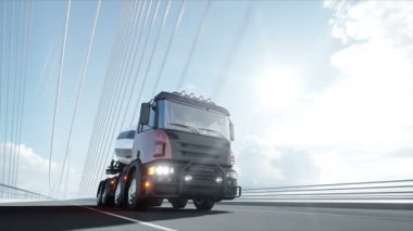 Köprüde beton karıştırıcı kamyon 3d modeli. Çok hızlı sürüş. Bina ve ulaşım konsepti. Gerçekçi 4k animasyon.