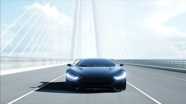 3D μοντέλο μαύρου φουτουριστικού αυτοκινήτου στη γέφυρα. Πολύ γρήγορη οδήγηση. Η έννοια του μέλλοντος. Ρεαλιστική κίνηση 4K. — Αρχείο Βίντεο