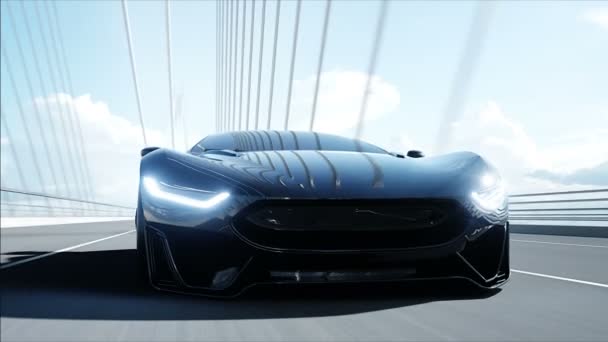 3d model of black futuristic car on the bridge. Very fast driving. Concept of future. Realistic 4k animation. — Stock Video