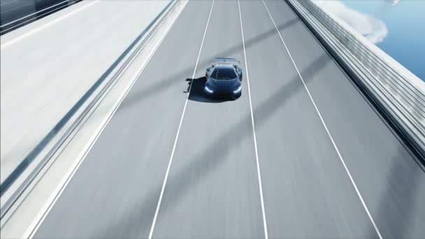 3D model van zwarte futuristische auto op de brug. Zeer snel rijden. Concept van de toekomst. Realistische 4k-animatie. — Stockvideo