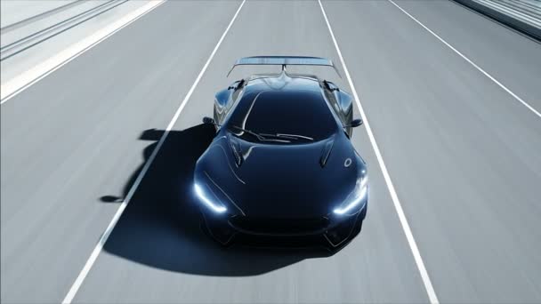 Modello 3d di auto futuristica nera sul ponte. Guida molto veloce. Concetto di futuro. Animazione realistica 4k . — Video Stock