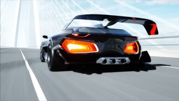 Modelo 3d de carro futurista preto na ponte. Uma condução muito rápida. Conceito de futuro. Animação 4k realista . — Vídeo de Stock