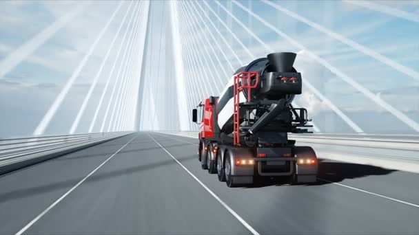 橋の上のコンクリートミキサートラックの3Dモデル。非常に速い運転。構築と輸送の概念。リアルな4Kアニメーション. — ストック動画