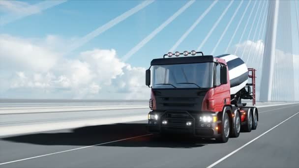 다리에 콘크리트 믹서 트럭의 3D 모델. 매우 빠른 운전. 건물 및 운송 개념. 사실적인 4K 애니메이션. — 비디오