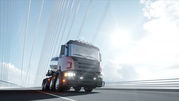 3d model of concrete mixer truck on bridge. Very fast driving. Building and transport concept. Realistic 4K animation.