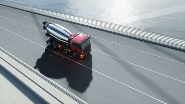 다리에 콘크리트 믹서 트럭의 3D 모델. 매우 빠른 운전. 건물 및 운송 개념. 사실적인 4K 애니메이션. — 비디오