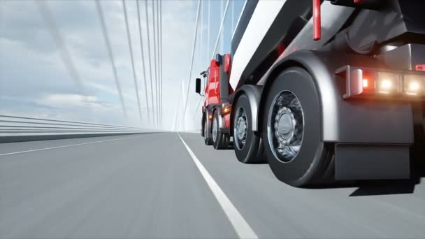 Modelo 3d de camión hormigonera en puente. Conduce muy rápido. Concepto de construcción y transporte. Animación realista 4K . — Vídeos de Stock