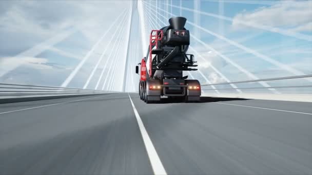 3d модель бетонозмішувача на мосту. Дуже швидке водіння. Концепція будівництва та транспорту. Реалістична анімація 4K . — стокове відео