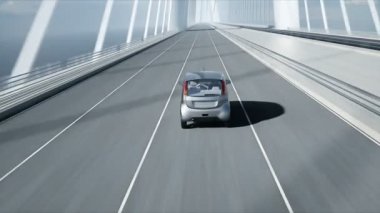 Köprüde elektrikli araba 3d modeli, çok hızlı sürüş. Ekoloji kavramı. Gerçekçi 4k animasyon.