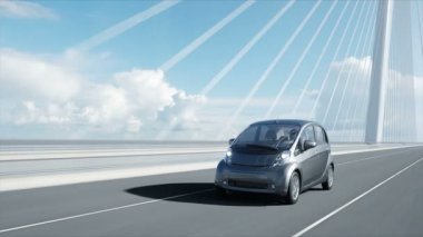 Köprüde elektrikli araba 3d modeli, çok hızlı sürüş. Ekoloji kavramı. Gerçekçi 4k animasyon.