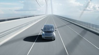 Köprüde elektrikli araba 3d modeli, çok hızlı sürüş. Ekoloji kavramı. Gerçekçi 4k animasyon.