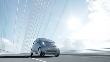 Köprüde elektrikli araba 3d modeli, çok hızlı sürüş. Ekoloji kavramı. Gerçekçi 4k animasyon.