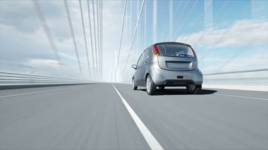 Köprüde elektrikli araba 3d modeli, çok hızlı sürüş. Ekoloji kavramı. Gerçekçi 4k animasyon.