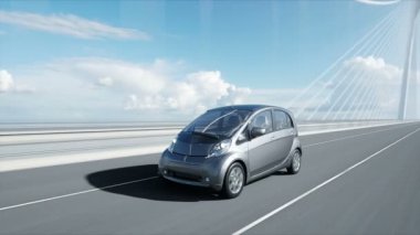Köprüde elektrikli araba 3d modeli, çok hızlı sürüş. Ekoloji kavramı. Gerçekçi 4k animasyon.