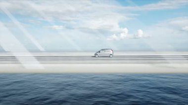Köprüde elektrikli araba 3d modeli, çok hızlı sürüş. Ekoloji kavramı. Gerçekçi 4k animasyon.