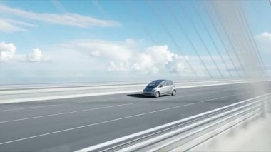 Köprüde elektrikli araba 3d modeli, çok hızlı sürüş. Ekoloji kavramı. Gerçekçi 4k animasyon.
