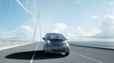 Köprüde elektrikli araba 3d modeli, çok hızlı sürüş. Ekoloji kavramı. Gerçekçi 4k animasyon.