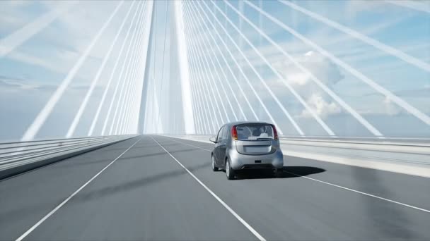 Köprüde elektrikli araba 3d modeli, çok hızlı sürüş. Ekoloji kavramı. Gerçekçi 4k animasyon. — Stok video