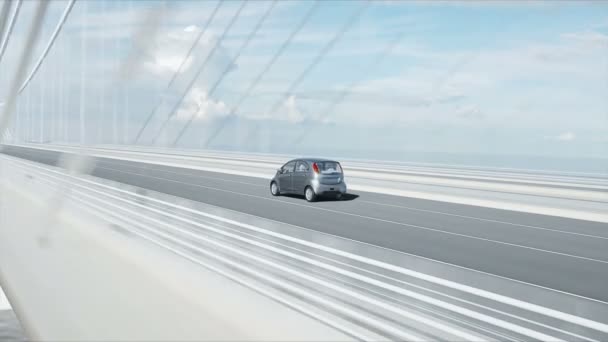 Modello 3d di auto elettrica sul ponte, guida molto veloce. Il concetto di ecologia. Animazione 4K realistica . — Video Stock