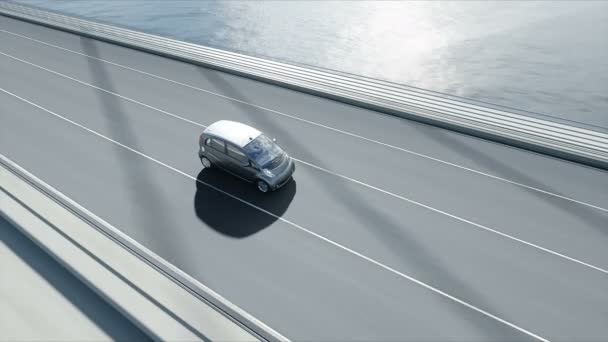 Modèle 3d de voiture électrique sur le pont, conduite très rapide. Concept d'écologie. Animation 4K réaliste . — Video