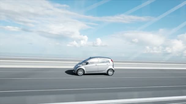 Modelo 3d de coche eléctrico en el puente, conducción muy rápida. Concepto de ecología. Animación realista 4K . — Vídeo de stock