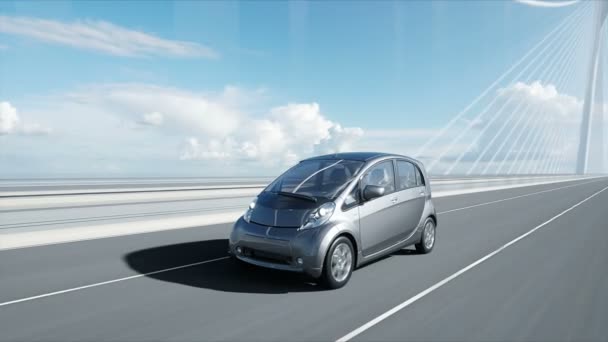 Modelo 3d de coche eléctrico en el puente, conducción muy rápida. Concepto de ecología. Animación realista 4K . — Vídeos de Stock