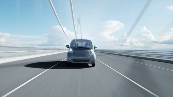 3D модель электромобиля на мосту, очень быстрая езда. Экологическая концепция. Реалистичная 4K-анимация . — стоковое видео