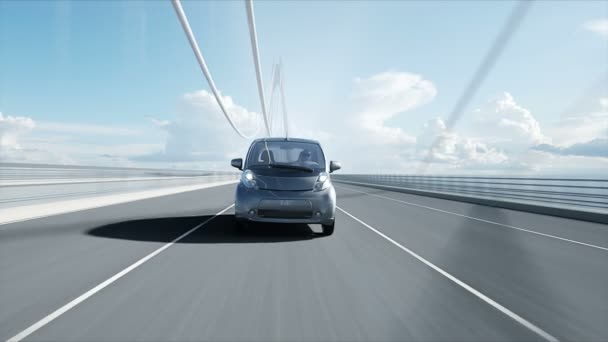 Modelo 3d de coche eléctrico en el puente, conducción muy rápida. Concepto de ecología. Animación realista 4K . — Vídeo de stock