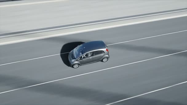 Modelo 3d de coche eléctrico en el puente, conducción muy rápida. Concepto de ecología. Animación realista 4K . — Vídeo de stock