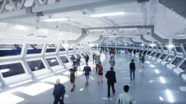 Sci fi tonnel 3d insanlar. Trafik. Gelecek kavramı. Gerçekçi 4k animasyon.