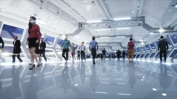 3D ludzi w Sci Fi tonnel. Ruchu. Koncepcja przyszłości. Realistyczna animacja 4K. — Wideo stockowe