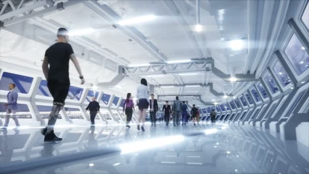 3d people in Sci fi tonnel. Traffic. Concept of future. Realistic 4K animation. — Stock Video